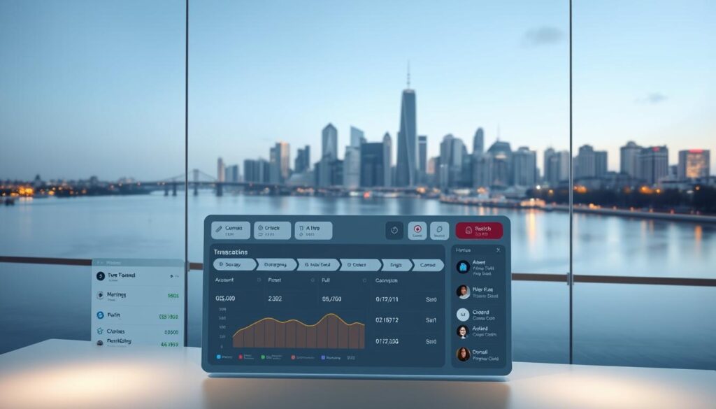 A modern, minimalist banking interface with clean lines and sleek design. In the foreground, a user's dashboard displays their account balance, transaction history, and payment options. The middle ground features intuitive navigation menus and customizable widgets. In the background, a serene cityscape with skyscrapers and a tranquil river reflects the bank's commitment to security and reliability. Soft, indirect lighting creates a calming atmosphere, while the overall composition conveys a sense of control, efficiency, and trust in the online banking experience.