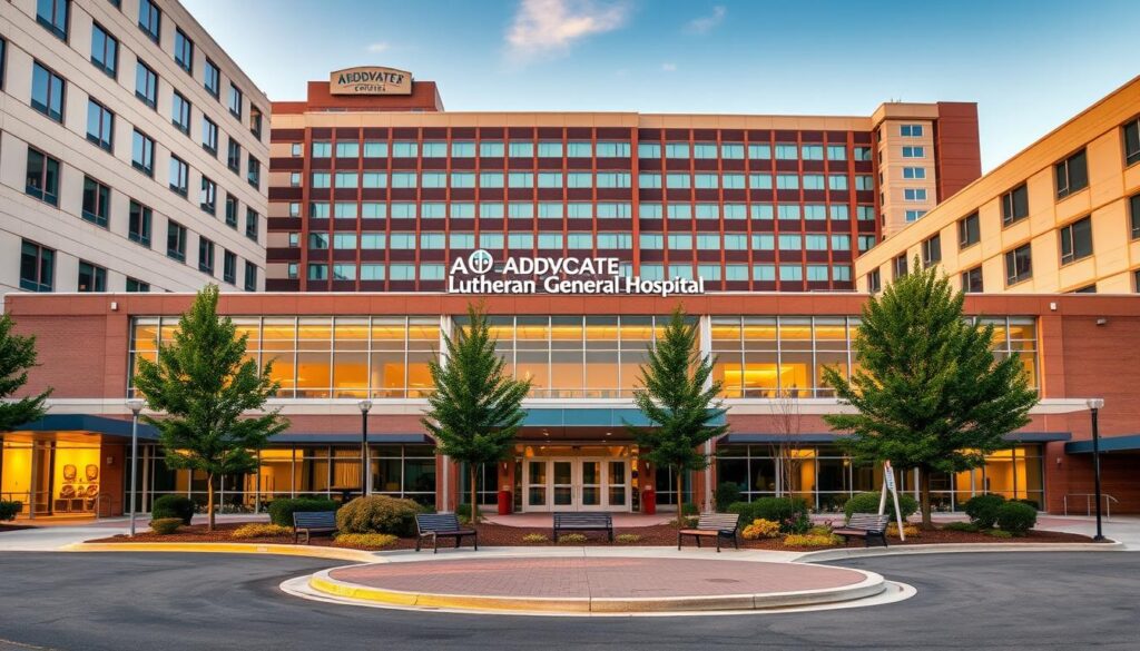 A modern, well-equipped hospital facade with the Advocate Lutheran General Hospital signage prominently displayed. In the foreground, a welcoming entrance with glass doors and a circular driveway for patient drop-off. The middle ground features a landscaped garden with benches and trees, creating a tranquil atmosphere. In the background, the hospital's clinical wings rise up, showcasing a mix of traditional and contemporary architectural styles. Warm, natural lighting illuminates the scene, conveying a sense of comfort and professionalism. The overall impression is one of a state-of-the-art medical facility dedicated to providing exceptional patient care.