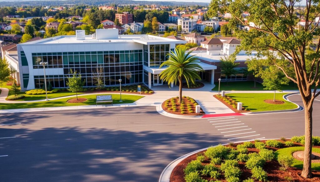 A modern, well-equipped medical center situated in a vibrant, accessible community. The exterior features a sleek, contemporary design with expansive windows and a prominent entrance. The building is nestled among lush landscaping, including manicured gardens and shady trees. In the foreground, a spacious parking lot with clearly marked spaces and signage. In the middle ground, a paved walkway leads to the main entrance, flanked by benches and decorative lighting. The background showcases the surrounding neighborhood, with a mix of residential and commercial buildings, creating a welcoming and integrated atmosphere. The scene is bathed in warm, natural lighting, conveying a sense of comfort and professionalism.