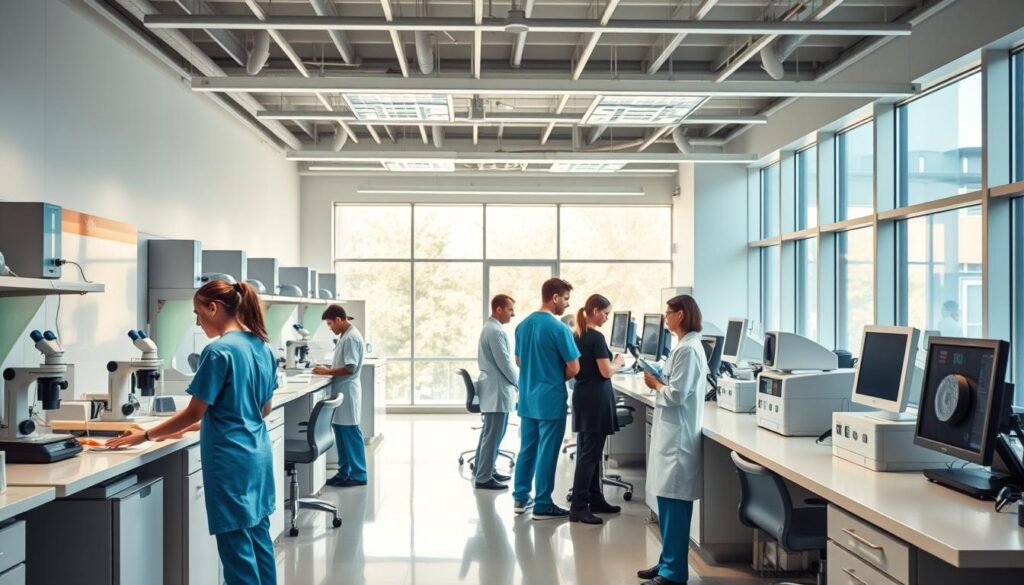 A modern, well-equipped medical laboratory with extended hours. The foreground features a group of healthcare professionals in scrubs and lab coats attending to patients. The middle ground showcases an array of diagnostic equipment, including microscopes, centrifuges, and computer terminals. The background depicts a spacious, well-lit room with large windows, allowing natural light to flood the space. The atmosphere conveys a sense of efficiency, professionalism, and a commitment to providing comprehensive healthcare services, even during extended hours. The lighting is warm and inviting, creating a welcoming environment for both patients and staff.