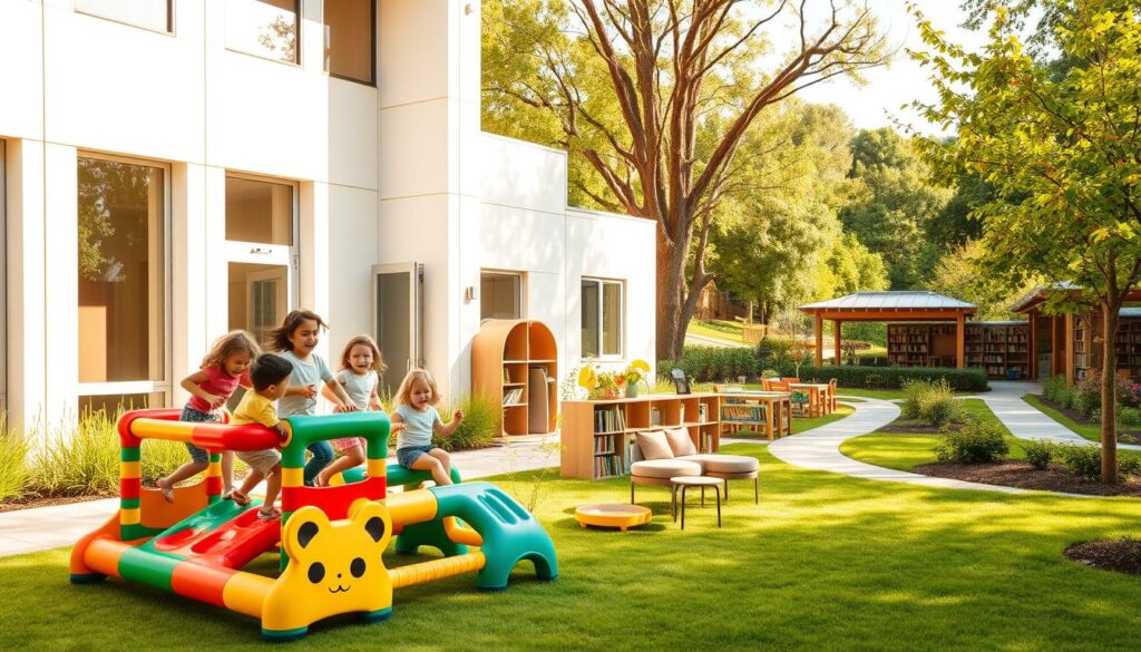 A modern, well-equipped preschool facility nestled in a vibrant, natural setting. The building's clean, minimalist facade is bathed in warm, diffused sunlight filtering through large windows. In the foreground, a group of children play enthusiastically on a colorful, state-of-the-art jungle gym, their laughter and energy palpable. The middle ground features a cozy reading nook with plush seating and shelves brimming with age-appropriate books. In the background, a lush, well-manicured outdoor play area beckons, complete with a winding path, a small garden, and a covered pavilion for activities. The overall atmosphere exudes a sense of safety, learning, and joyful exploration, perfectly capturing the nurturing environment of a Lutheran preschool.