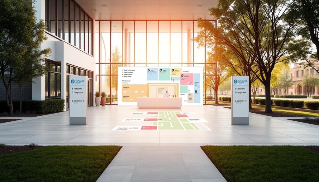 A modern, well-lit medical center entrance with clear, easy-to-follow directional signage. The front facade features large windows, clean lines, and a prominent reception desk. In the foreground, a path leads visitors towards the main entrance, with arrows and icons guiding them to key areas like the emergency room, outpatient clinics, and admissions. The middle ground showcases a map of the facility, with color-coded zones and numbered departments. The background depicts a serene, park-like setting, with trees and landscaping that create a calming, welcoming atmosphere. The overall scene conveys a sense of efficiency, professionalism, and patient-centric care.
