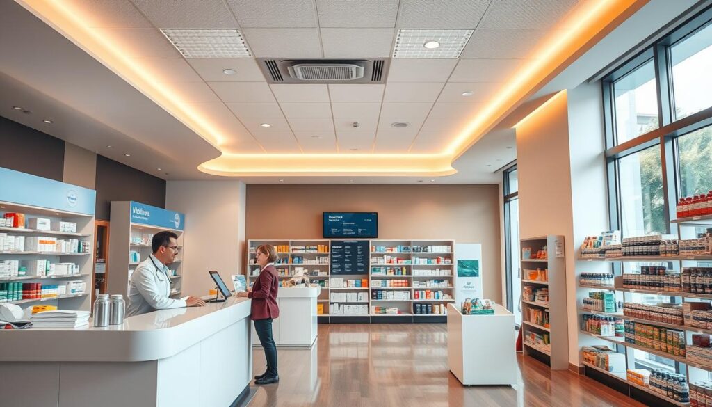 A modern, well-lit pharmacy interior with a welcoming atmosphere. The foreground features a sleek, minimalist service counter with a friendly pharmacist assisting a patient. The middle ground showcases an organized layout of shelves stocked with neatly arranged medication and healthcare products. In the background, a subtle digital display board provides clear navigation and information. Warm, diffused lighting from overhead fixtures creates a calming ambiance, while large windows allow natural light to pour in. The overall scene conveys a sense of professionalism, efficiency, and a seamless customer experience.