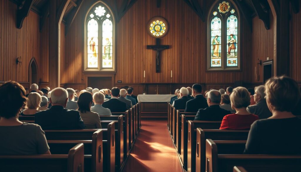 A modest Lutheran church interior, bathed in warm, natural light filtering through stained glass windows. Wooden pews and simple altar furnishings convey a sense of understated reverence. Congregants engage in quiet, contemplative worship, their expressions reflecting a deep spiritual connection. The atmosphere is one of solemn tranquility, a far cry from the ornate opulence of earlier eras. This is the evolution of Lutheran liturgy, a subtle yet profound shift towards a more accessible, community-driven form of devotion.