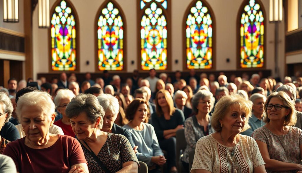 A multi-generational congregation gathered in a warm, sunlit sanctuary. In the foreground, elders and youth sit side-by-side, faces aglow with reverence. The middle ground features a choir of diverse voices, led by an inspirational music director. In the background, stained glass windows cast a kaleidoscope of colors, evoking a sense of timeless tradition. Soft, diffused lighting filters through the space, creating an atmosphere of contemplation and community. A harmonious blend of generations, united in a spirit of worship and fellowship.