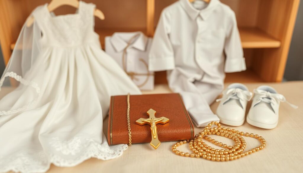 A neatly arranged display of first communion attire and gifts. In the foreground, a crisp white dress with delicate lace accents and a flowing veil cascades gracefully. Alongside, a pristine white suit with a pressed shirt and polished shoes. In the middle ground, a shimmering gold cross pendant on a simple chain, a leather-bound prayer book, and a rosary with gleaming beads. The background features a soft, warm-toned setting, perhaps a wooden table or shelves, creating a reverent, spiritual atmosphere. The lighting is soft and diffused, highlighting the elegance and significance of these sacred communion accessories.