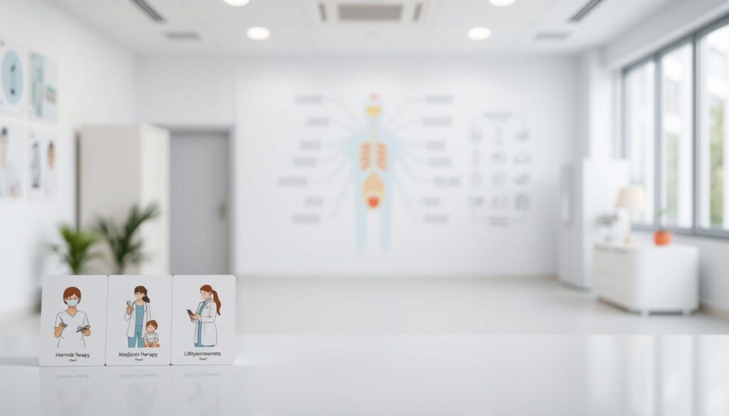 A neatly organized layout showcasing various endocrine treatment options. In the foreground, precise medical illustrations depict common treatments like hormone therapy, medication management, and lifestyle interventions. The middle ground features a tranquil clinical setting with soothing lighting and a subtle color palette, conveying a sense of care and professionalism. In the background, a blurred schematic diagram outlines the interconnected endocrine system, underscoring the comprehensive nature of the treatments. The overall composition strikes a balance between technical detail and a calming, reassuring atmosphere, suitable for informing and educating readers about the breadth of endocrine care options.