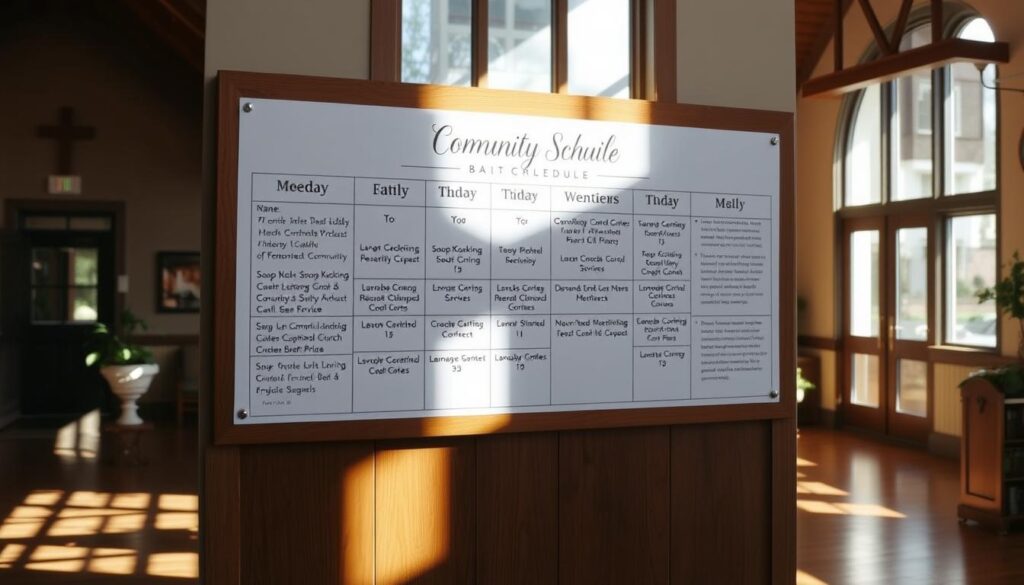 A neatly organized weekly schedule, displayed on a wooden bulletin board in the warm, inviting lobby of Holy Cross Lutheran Church. The schedule outlines various community service opportunities, from soup kitchen volunteering to neighborhood cleanup events. Elegant calligraphy and a tasteful color palette create a sense of order and purpose. Soft, natural lighting filters through the large windows, casting a gentle glow on the schedule and the surrounding church decor, reflecting the congregation's dedication to faith, community, and service.