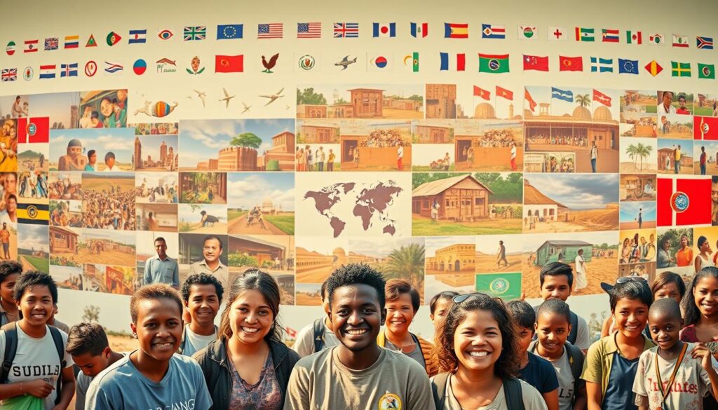 A panoramic view of humanitarian programs worldwide, showcasing a diverse array of aid and development initiatives. In the foreground, a group of volunteers engaged in community-building projects, their expressions radiating compassion and purpose. In the middle ground, scenes of food distribution, medical care, and educational programs unfolding against a backdrop of diverse landscapes and architectural styles. The background is a tapestry of global cultures, with flags and symbols representing the international reach of these vital humanitarian efforts. Warm, natural lighting casts a gentle glow, conveying a sense of hope and unity in the face of global challenges.