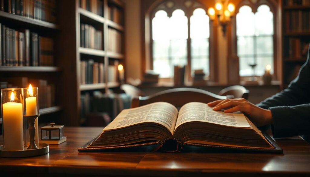 A peaceful, candlelit study scene featuring a person reverently reading from a large, antique Bible on a wooden table. Soft, warm lighting illuminates the pages, casting a contemplative glow. Bookshelves line the walls, hinting at a lifetime of dedicated, Christ-centered study. An atmosphere of quiet focus and devotion pervades the space, inviting the viewer to pause and reflect on the enduring importance of Scripture within the Lutheran tradition.