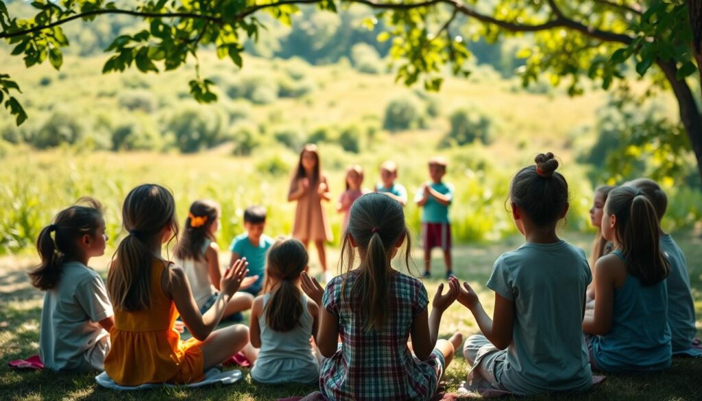 A peaceful gathering of children in a natural, sun-dappled setting, engaged in spiritual growth activities. In the foreground, a group of young girls and boys sit in a circle, eyes closed, palms upturned, finding inner calm through meditation. In the middle ground, a few older children lead a gentle, rhythmic chant, their movements graceful and serene. In the background, a lush, verdant landscape frames the scene, a sense of timelessness and connection to the divine. The lighting is soft and warm, creating an atmosphere of contemplation and tranquility.