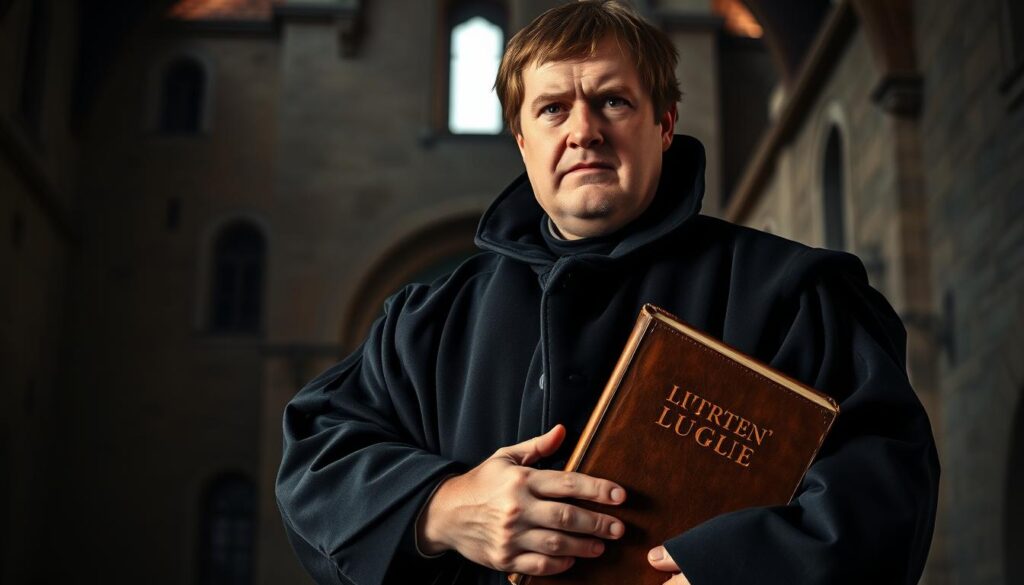 A portrait of Martin Luther, the seminal figure of the Protestant Reformation, standing resolute and determined against a backdrop of old European architecture. The lighting is dramatic, casting deep shadows and highlights that accentuate Luther's stern expression and the intensity in his eyes. He holds a large, leather-bound book, likely the Bible, symbolizing his dedication to the principles of the Reformation. The scene evokes a sense of historical significance and the profound impact Luther had on the religious and social landscape of his time.