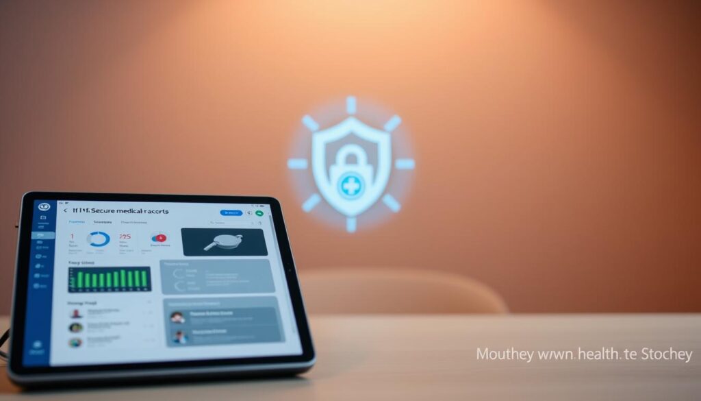 A secure medical records access interface with a clean, modern design. In the foreground, a tablet or laptop displays a user-friendly dashboard, showcasing intuitive controls and seamless navigation. The middle ground features a stylized icon or illustration representing secure data transmission, emphasizing the privacy and protection of sensitive information. The background subtly conveys a sense of professionalism and trustworthiness, with muted tones and clean, minimal lines. Soft, directional lighting casts a warm, inviting glow, creating a calming and reassuring atmosphere. The overall composition conveys a sense of empowerment, efficiency, and confidence in the healthcare journey.