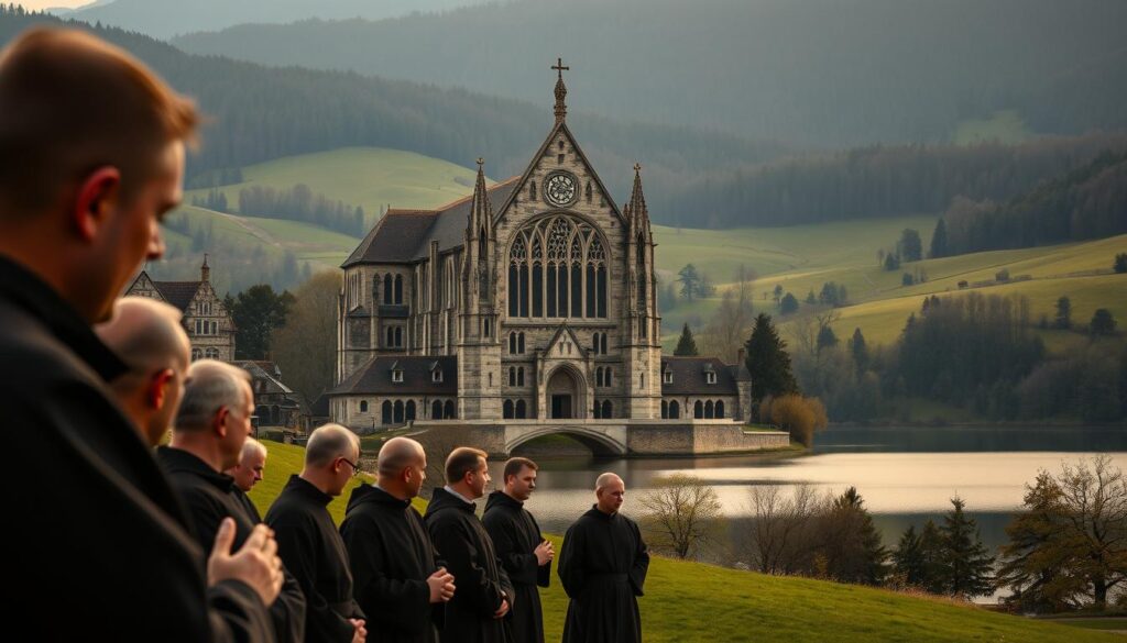 A serene Benedictine monastery nestled in a lush, rolling landscape. In the foreground, a group of robed monks engages in contemplative prayer, their faces illuminated by soft, diffused lighting. The middle ground features a grand, gothic cathedral with intricate stone carvings and stained glass windows, casting a warm, reverent glow. In the background, a tranquil lake reflects the surrounding hills and trees, creating a sense of peaceful isolation. The overall atmosphere evokes a timeless, spiritual ambiance, capturing the devotion and community of the Benedictine monastic tradition.