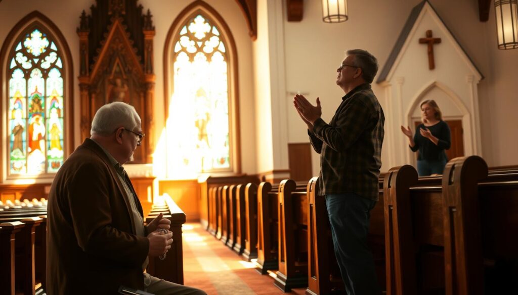A serene Catholic chapel interior, sunlight filtering through stained glass windows, casting a warm glow on the wooden pews and ornate altar. In the foreground, a worshipper kneels in prayer, rosary beads in hand. In the middle ground, a Protestant congregant stands, hands raised, eyes closed, engrossed in a hymn. The background showcases a modest Protestant church, its clean lines and minimalist decor a stark contrast to the richly decorated Catholic space. The scene captures the diversity of daily faith practices, the quiet contemplation of Catholicism juxtaposed with the spirited worship of Protestantism.