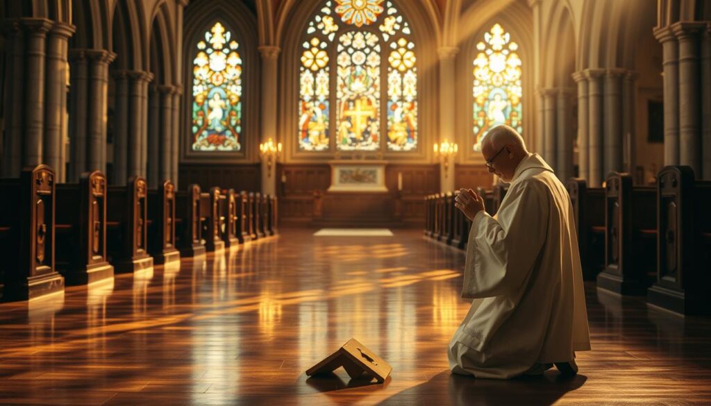 A serene Catholic church interior bathed in warm, diffused lighting. At the center, a kneeling penitent earnestly confessing their sins to a priest, whose face is filled with compassion and grace. Behind them, stained glass windows cast kaleidoscopic patterns on the polished floors. Intricate stone arches and wooden pews create a sense of grandeur and solemnity. The air is thick with the scent of incense, adding to the reverent atmosphere. A soft, golden glow emanates from the altar, symbolizing the transformative power of divine forgiveness and the sanctifying grace of the sacrament.