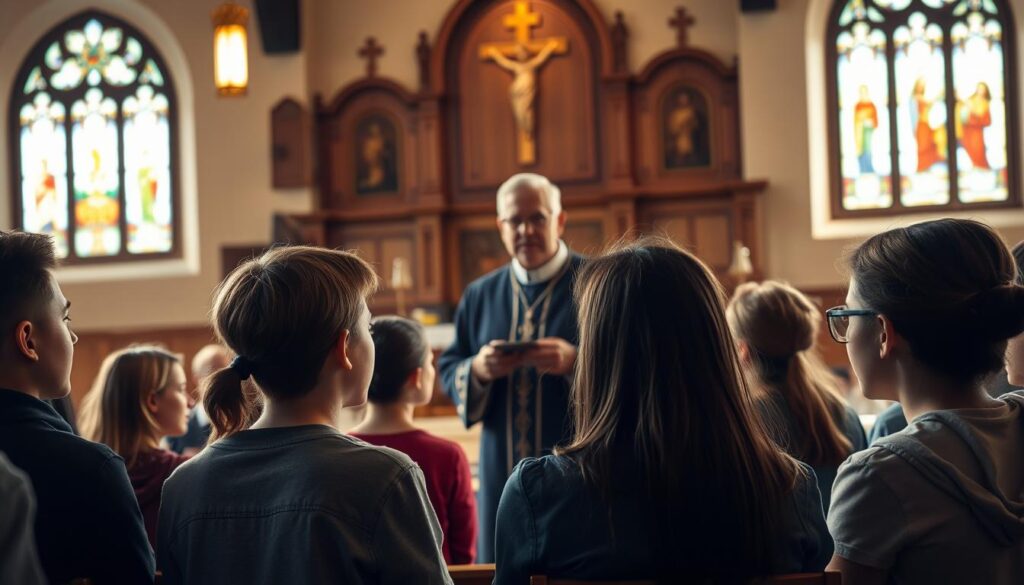 A serene Catholic confirmation preparation setting, with a warm, soft lighting casting a contemplative glow. In the foreground, a group of teenagers engaged in thoughtful discussion, their faces reflecting the gravity of the occasion. In the middle ground, a wise, kind-faced priest guides the conversation, gesturing gently. The background features religious iconography, stained glass windows, and wooden pews, creating a sense of sacred space. The overall atmosphere is one of reverence, introspection, and spiritual growth, befitting the importance of the confirmation catechesis.