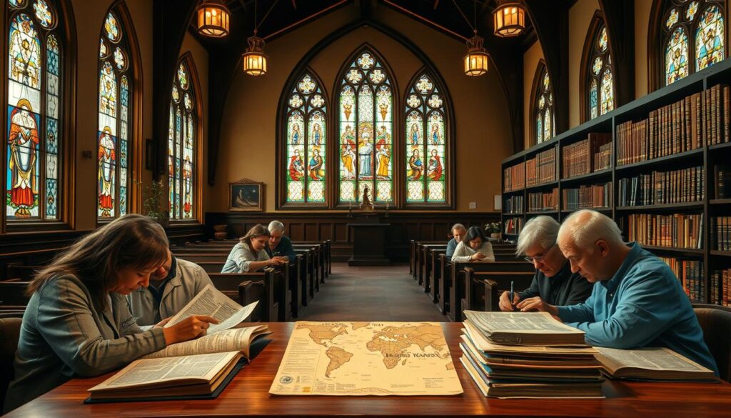 A serene Lutheran chapel, its stained-glass windows casting a warm glow. In the foreground, a group of translators meticulously poring over ancient texts, their faces illuminated by the soft light. In the middle ground, a map of the world and a stack of reference materials, symbolizing the global reach of their mission. The background features a bookshelf filled with foreign-language Bibles, a testament to the diverse communities they serve. The scene conveys a sense of dedication, collaboration, and the profound impact of their work in spreading the Word.