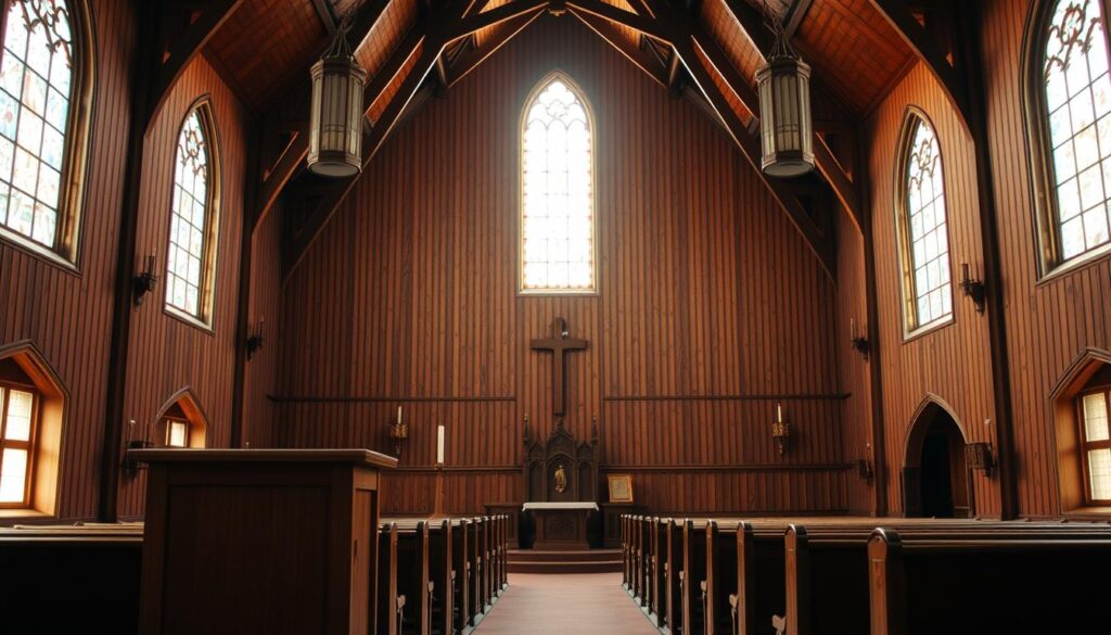 A serene Lutheran church interior, bathed in warm, natural light from large stained-glass windows. In the foreground, a simple wooden altar and pulpit, conveying the austere yet reverent nature of Confessional Lutheran worship. In the middle ground, rows of plain, sturdy pews, hinting at the emphasis on the congregational community. The background features a soaring, vaulted ceiling adorned with intricate wooden beams, evoking the rich historical traditions of the Lutheran faith. The overall mood is one of quiet contemplation and unwavering devotion, reflecting the core principles of Confessional Lutheranism.