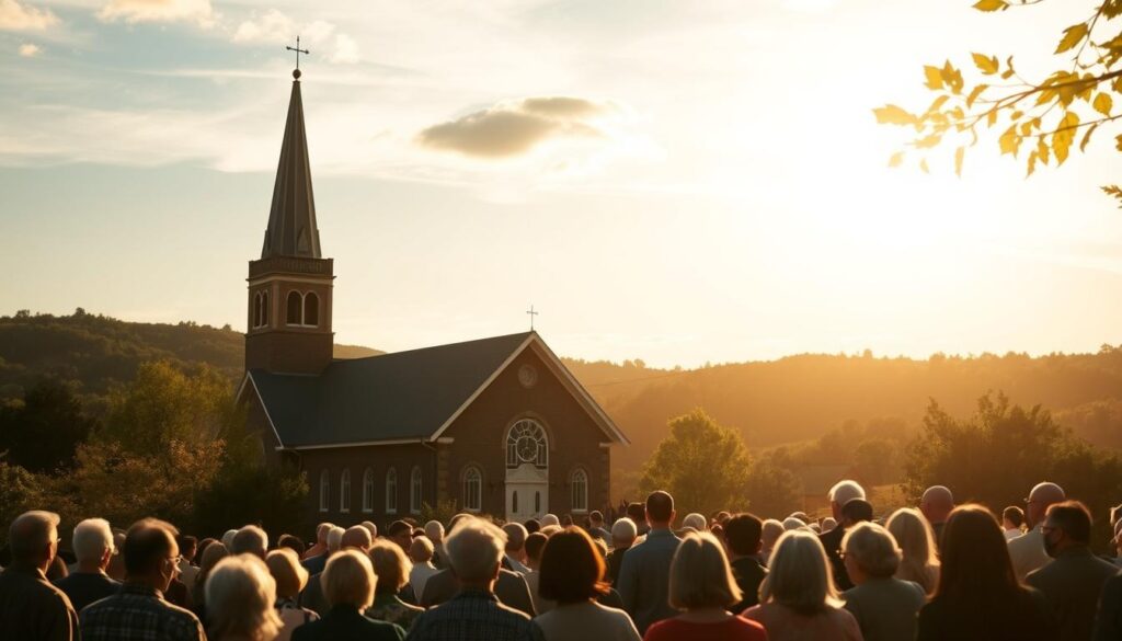 A serene Lutheran church, its steeple piercing the sky, surrounded by rolling hills and lush foliage. In the foreground, a crowd of parishioners gathers, their faces reflecting a sense of unity and purpose as they discuss the momentous merger of two local congregations. The scene is bathed in warm, golden light, casting a welcoming glow over the historic structure and its faithful community. A sense of tradition and progress coexists, as the church stands as a symbol of the enduring legacy of Lutheranism in America.