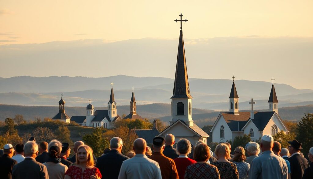 A serene Lutheran church landscape, featuring a central spire with a distinctive cross-topped steeple. In the foreground, a group of worshippers in traditional attire, each representing a different Lutheran denomination - their diverse garments and expressions conveying the richness of the faith. The middle ground showcases several church buildings, each with unique architectural styles that reflect the varied traditions of American Lutheranism. In the distant background, rolling hills and a tranquil sky, bathed in warm, golden light, creating an atmosphere of reverence and unity. The scene captures the essence of the diverse Lutheran traditions coexisting harmoniously, a visual representation of the section's exploration of the Lutheran faith in the United States.