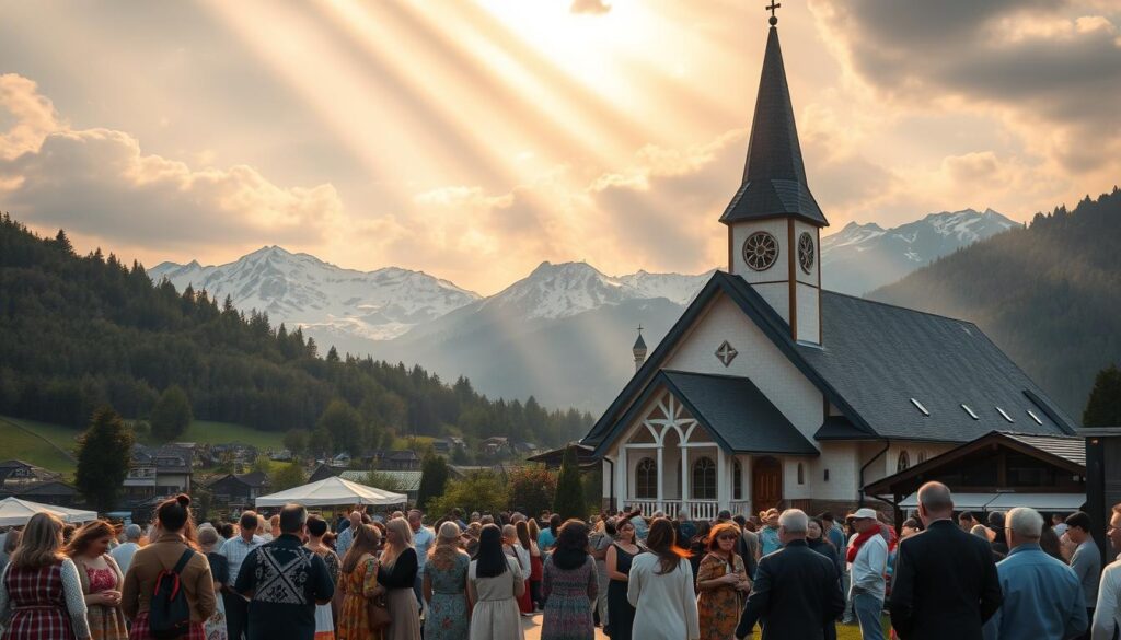 A serene Lutheran church nestled amidst lush, rolling hills, its steeple reaching skyward. In the foreground, a diverse gathering of worshippers – some in traditional regional garb, others in modern attire, all united in reverence. Streams of warm, golden light filter through stained glass windows, casting a contemplative glow. The middle ground features a bustling town square, where vendors sell local crafts and produce, representing the cultural richness of the region. In the distance, majestic snow-capped mountains stand as silent witnesses to the enduring spiritual legacy of Lutheranism. The scene conveys a harmonious blend of faith, community, and regional diversity.