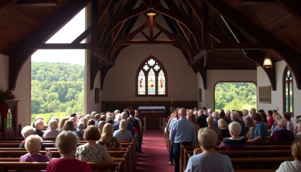 A serene Lutheran church nestled in the heart of Westland, its steeple reaching towards the heavens. In the foreground, a peaceful gathering of parishioners engaged in traditional rituals, their reverent expressions captured in soft, natural lighting. In the middle ground, intricate wooden pews and ornate stained-glass windows create an atmosphere of timeless reverence. The background reveals a lush, verdant landscape, hinting at the connection between the community and the natural world. The scene exudes a sense of timeless tradition, where the sacred and the mundane converge, inviting the viewer to discover the rich tapestry of Westland's Lutheran heritage.