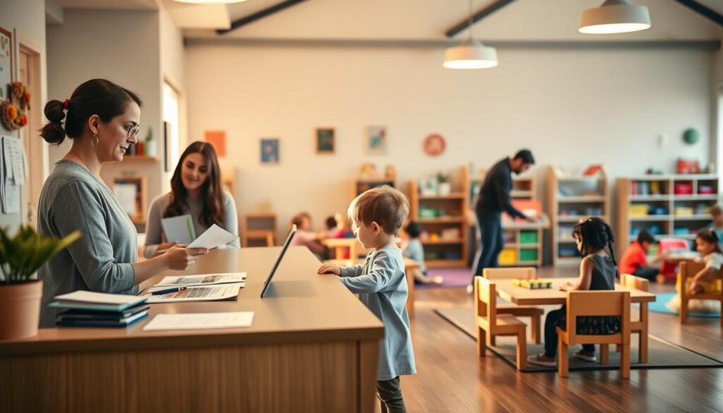 A serene Lutheran daycare setting, bathed in warm, natural lighting. In the foreground, a welcoming receptionist's desk, where a parent and child engage in the enrollment process - paperwork, friendly conversation, and a sense of comfort. In the middle ground, children of diverse backgrounds play and explore, supervised by attentive teachers. The background showcases the daycare's inviting, well-equipped classrooms, filled with educational toys, books, and a cozy reading nook. An atmosphere of nurturing care, learning, and community pervades the scene, reflecting the Lutheran daycare's commitment to holistic development and family-centered values.