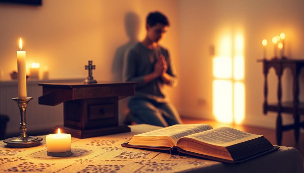 A serene Lutheran devotional scene unfolds in a cozy, candlelit room. In the foreground, a wooden lectern with an open Bible rests on a lace-trimmed table, casting a warm glow. In the middle ground, a person kneels reverently, hands clasped in prayer, their face tranquil and contemplative. The background reveals a simple, minimalist interior with soft, diffused lighting, creating a calming, introspective atmosphere. Shadows dance gently, conveying a sense of peace and spiritual focus. The overall composition evokes a tranquil, sacred space for devotion and reflection.