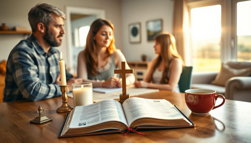 A serene Lutheran household, bathed in warm, natural light, where a family gathers around the kitchen table, their expressions reflecting contemplation and inner peace. In the foreground, an open Bible rests amidst a simple yet meaningful arrangement of a cross, a candle, and a cup of coffee, symbolizing the integration of faith and daily life. The middle ground showcases a mother and daughter engaged in an intimate conversation, their body language conveying a sense of connection and devotion. The background depicts a well-lit living room, with a cozy armchair and a window overlooking a peaceful, pastoral scene, suggesting a haven for spiritual reflection. The overall atmosphere evokes a sense of tranquility, harmony, and the steadfast presence of Lutheran faith within the everyday.