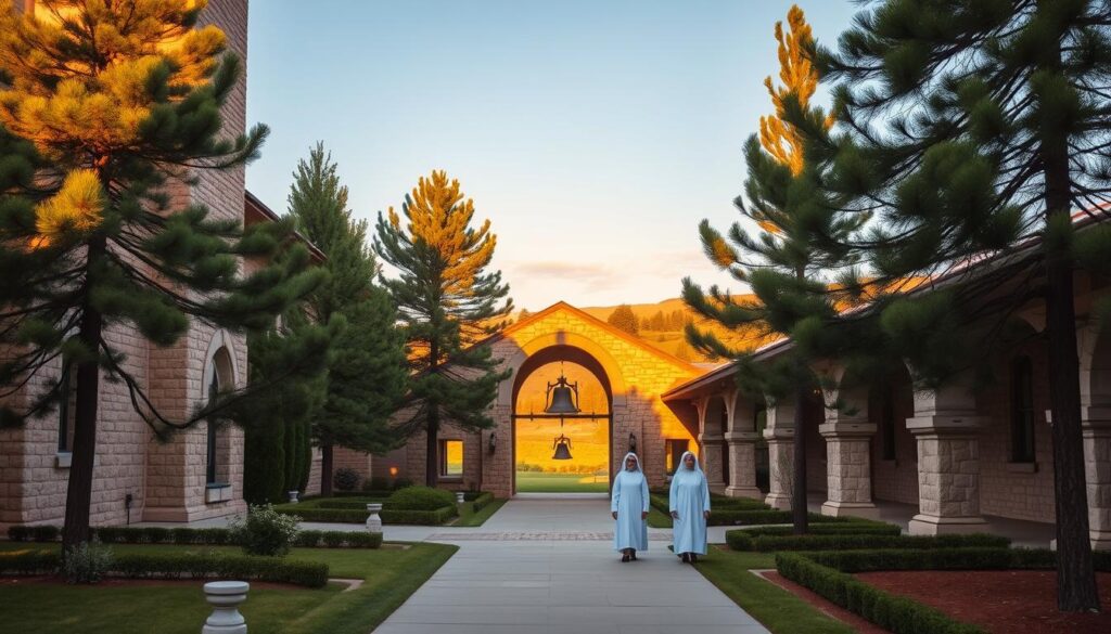 A serene Lutheran monastery nestled in the rolling hills of the American heartland. The stately stone facade is bathed in warm, golden light, casting long shadows across the manicured gardens. Towering pine trees sway gently in the breeze, their verdant canopies framing the scene. Through an arched entryway, a peaceful cloister comes into view, its weathered stone columns supporting a graceful arcade. Sisters in simple, flowing habits move quietly along the covered walkway, their faces serene and contemplative. In the distance, the muted tolling of a bell echoes, calling the faithful to prayer. A sense of timeless devotion and unwavering faith permeates this tranquil oasis, a testament to the enduring spirit of modern American monasticism.