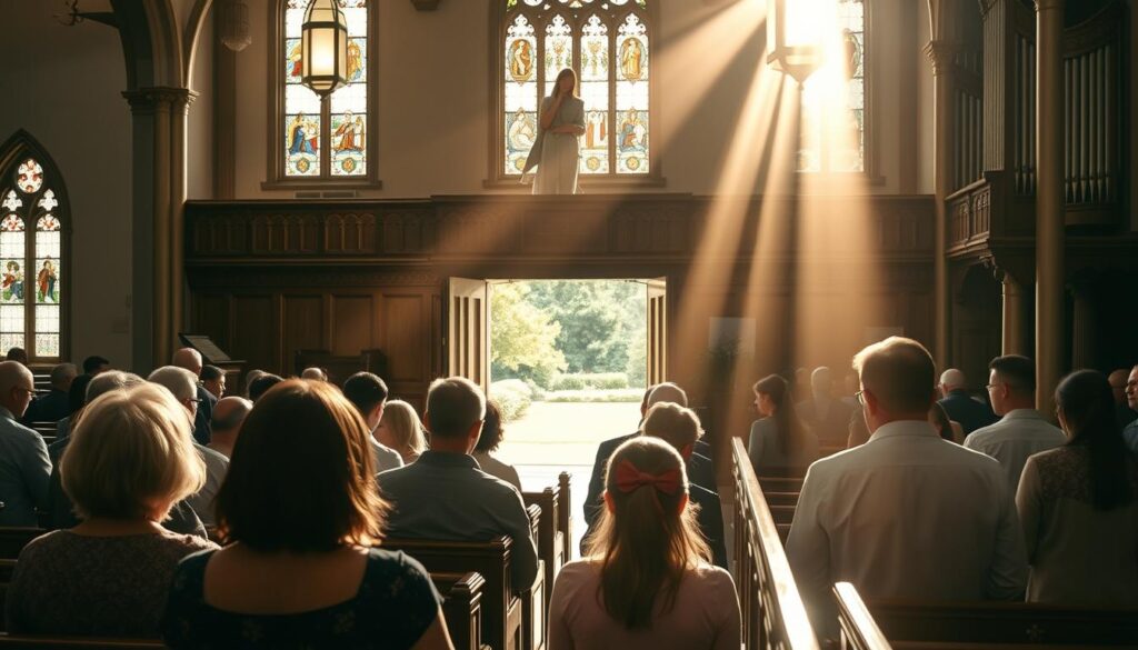 A serene Sunday morning at St. John Lutheran Church, sunlight streaming through stained glass windows, casting a warm glow over the ornate wooden pews and pulpit. Worshippers gather, bowing their heads in reverent prayer, the swell of hymns and organ music filling the air. In the foreground, a family takes their seats, their faces reflecting a sense of tranquility and community. The middle ground showcases the intricate architectural details of the church, with high ceilings and ornate columns. In the background, a peaceful garden can be seen through the open doors, adding to the sanctuary's peaceful ambiance. A timeless scene of faith, tradition, and spiritual nourishment.