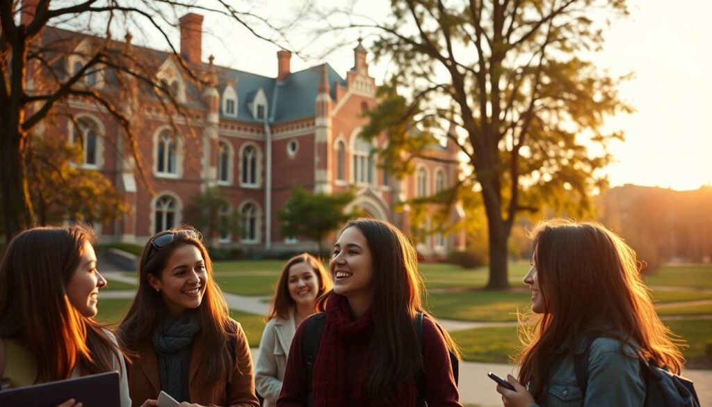 A serene academic setting with a harmonious integration of Christian values. In the foreground, a group of students engaged in lively discussion, their expressions conveying intellectual curiosity and moral purpose. The middle ground features a stately, neo-Gothic university building, its architecture reflecting the institution's rich heritage and commitment to spiritual growth. The background showcases a tranquil, tree-lined campus, bathed in warm, golden-hour lighting that creates a contemplative atmosphere. The overall scene embodies the Lutheran university's dedication to empowering students through the seamless fusion of academic excellence and Christian principles.