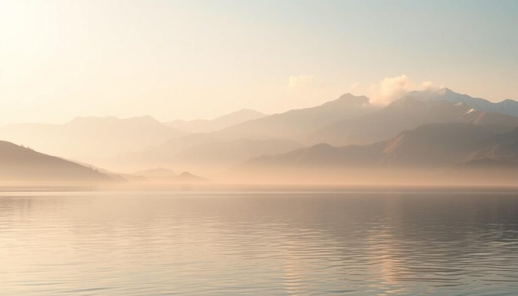 A serene and ethereal landscape depicting the Brahman concept. In the foreground, a tranquil lake reflects the sky above, its surface a mirror of shimmering calm. In the distance, majestic mountains rise, their peaks capped with snow and bathed in a warm, golden light. Wisps of mist drift between the peaks, evoking a sense of the infinite and the unknowable. The atmosphere is one of profound stillness and contemplation, inviting the viewer to ponder the nature of ultimate reality. The lighting is soft and diffused, creating a sense of timelessness and unity. The overall composition conveys the Brahman - the absolute, eternal, and all-encompassing essence of the universe.