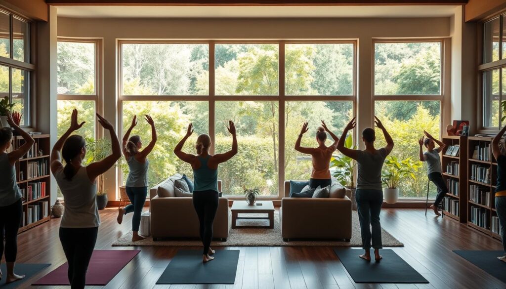 A serene and inviting scene of a holistic health center, bathed in warm natural light from large windows. In the foreground, a group of people engaged in a gentle yoga practice, their poses reflecting harmony and balance. In the middle ground, a cozy lounge area with plush seating and shelves filled with books on wellness and mindfulness. The background showcases a lush, verdant garden visible through the windows, adding a sense of tranquility and connection to nature. The overall atmosphere exudes a calming, nurturing energy that invites visitors to find respite and rejuvenation.