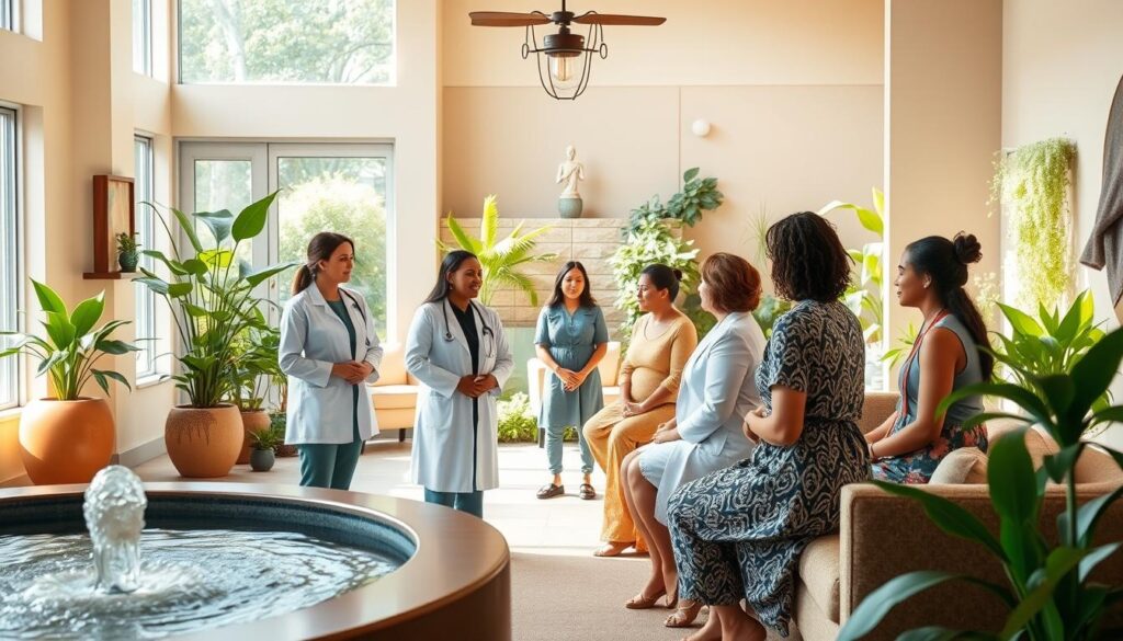 A serene and inviting scene of a holistic women's health care clinic. In the foreground, a warm and welcoming reception area with natural light filtering through large windows, calming earth-toned furnishings, and a soothing water feature. In the middle ground, a team of attentive, compassionate healthcare professionals - a Lutheran OBGYN, a midwife, and a women's health specialist - discussing treatment options with a diverse group of patients. In the background, a tranquil garden oasis with lush greenery, a meditation space, and various holistic wellness amenities. The atmosphere exudes a sense of trust, empowerment, and a wholistic approach to women's healthcare.