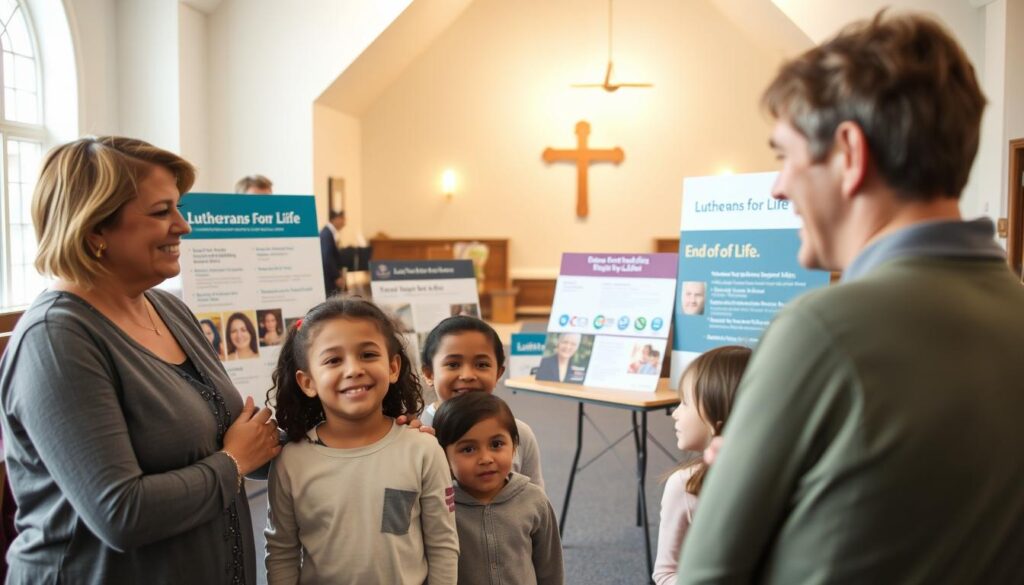 A serene and inviting scene showcasing the diverse programs and resources of Lutherans for Life. In the foreground, a group of adults and children engaged in thoughtful discussion, their expressions radiating warmth and care. In the middle ground, informational displays and brochures highlighting the organization's educational initiatives, pregnancy support services, and end-of-life advocacy. The background features a softly lit, welcoming church or community center, conveying a sense of sanctuary and spiritual guidance. Diffused lighting casts a gentle glow, creating an atmosphere of inclusivity and compassion, reflecting the core mission of Lutherans for Life to uphold the sanctity of all human life.