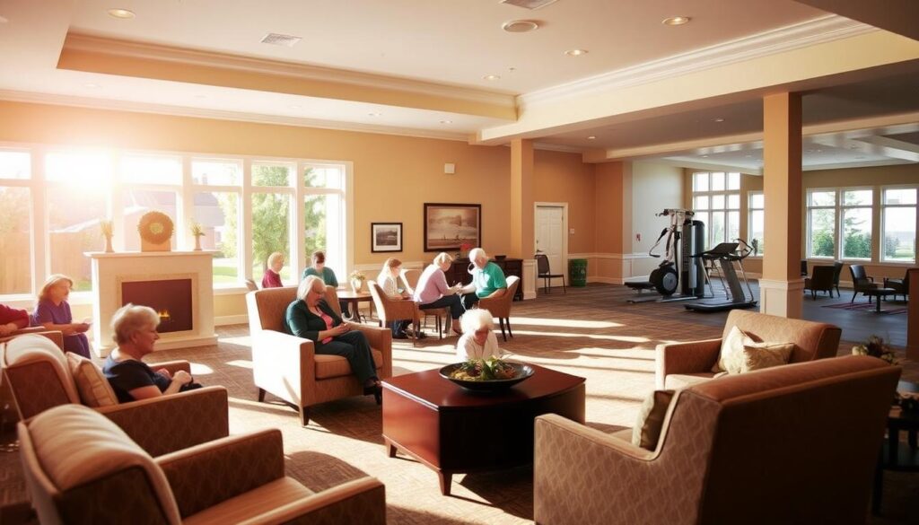 A serene and inviting senior living community, bathed in warm natural light. In the foreground, a well-appointed lounge with plush armchairs and a cozy fireplace, creating a relaxing ambiance. In the middle ground, a vibrant activity room where residents engage in arts and crafts, surrounded by windows that offer picturesque garden views. Further back, a state-of-the-art fitness center with modern equipment and an adjacent, tranquil meditation space. The overall atmosphere exudes a sense of comfort, security, and a commitment to enriching the lives of the elderly residents.