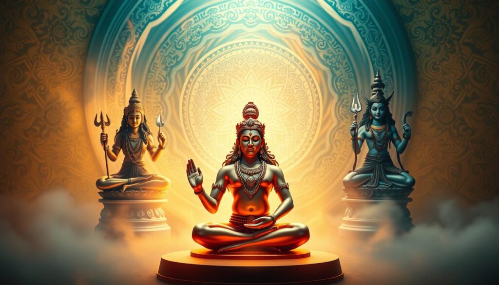 A serene and majestic scene of divine Hindu figures. In the foreground, a tranquil representation of Brahma, the creator, seated in a meditative pose, exuding a celestial glow. Flanking him, Vishnu, the preserver, and Shiva, the destroyer, depicted with their symbolic iconography - Vishnu's four arms and Shiva's third eye. In the middle ground, a swirling background of ornate, intricate patterns and motifs evocative of Hindu cosmology. The lighting is soft, diffused, and warm, casting a reverent atmosphere. The composition is balanced and harmonious, capturing the essence of the Hindu pantheon and the profound symbolism of the divine figures.