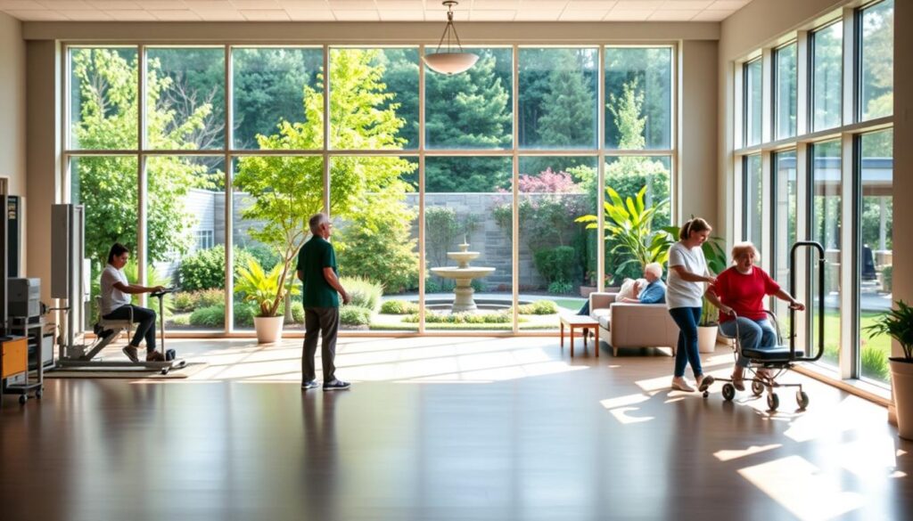 A serene and welcoming rehabilitation center, bathed in soft, natural light from large windows. The foreground showcases a modern, well-equipped physical therapy room, with patients engaged in various exercises and therapies under the attentive care of compassionate staff. The middle ground reveals a comfortable lounge area, where residents relax and socialize. In the background, a tranquil garden scene with lush greenery and a calming water feature, creating a peaceful and therapeutic environment. The overall atmosphere conveys a sense of dignity, empowerment, and exceptional care, reflecting the high-quality short-term rehabilitation services offered.