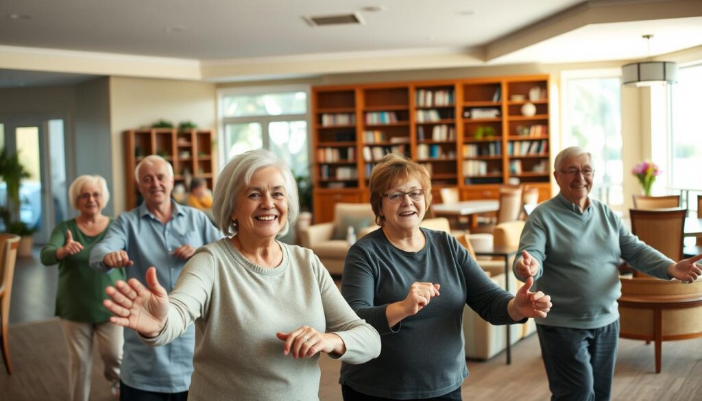 A serene and well-appointed senior care facility, with a warm and inviting atmosphere. In the foreground, a group of older adults engaged in a gentle exercise class, their faces radiating contentment. The middle ground features a cozy lounge area with plush seating and large windows, allowing natural light to pour in. In the background, a well-stocked library and communal dining area, where seniors can socialize and enjoy meals together. The lighting is soft and diffused, creating a sense of tranquility, while the color palette features muted tones of beige, sage, and warm wood accents, conveying a feeling of comfort and care.