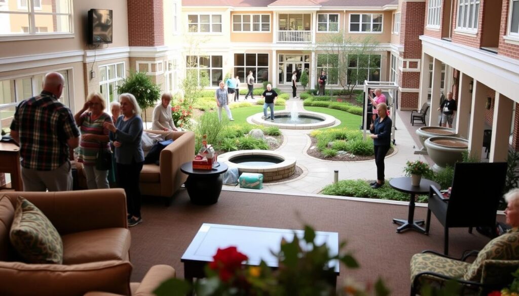 A serene and well-appointed senior living community, Upper Chichester's Lutheran Knolls Retirement Community. In the foreground, residents engage in lively group activities, a cozy lounge area with plush seating and tasteful decor. The middle ground features a well-equipped fitness center, seniors participating in group exercise classes. In the background, a manicured courtyard with lush greenery, water features, and comfortable seating areas for socializing. Warm, natural lighting bathes the scene, conveying a sense of comfort, wellness, and active community living for the golden years.