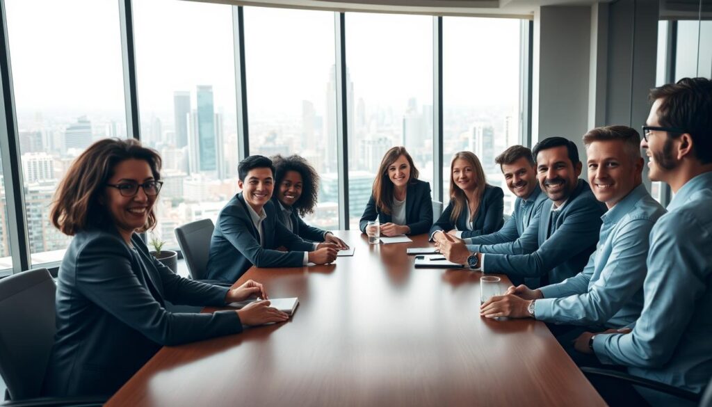A serene and well-lit boardroom setting, with large windows offering a panoramic view of a bustling city skyline in the background. In the foreground, a group of diverse business leaders in professional attire sit around a long, polished wooden table, engaged in a lively discussion. Their expressions radiate a sense of collaboration, innovation, and mutual respect. The lighting is soft and warm, casting a gentle glow on the scene, creating an atmosphere of productivity and forward-thinking. The overall composition conveys a sense of dynamic partnership, where different perspectives and expertise converge to drive meaningful change.