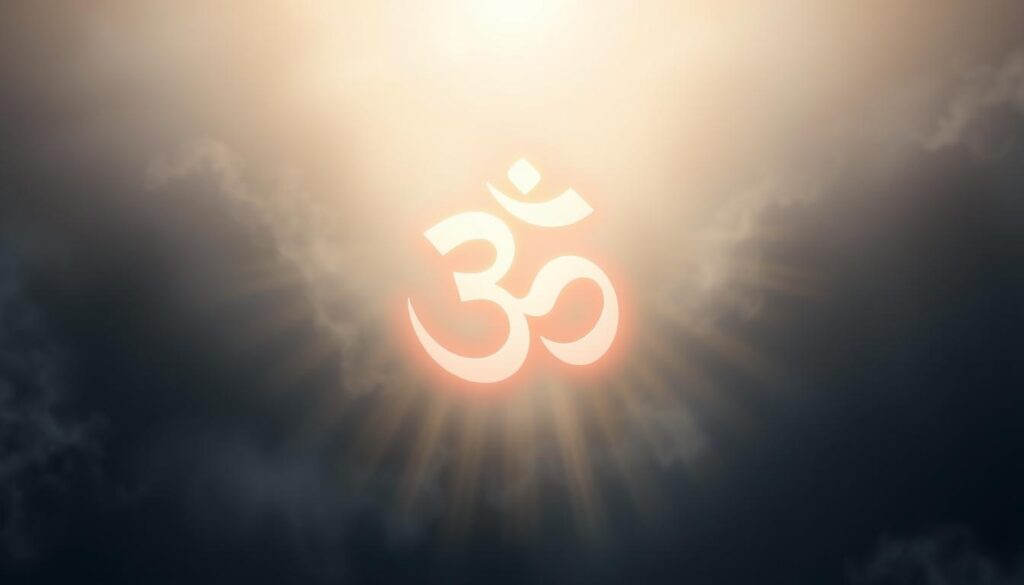 A serene, awe-inspiring depiction of the sacred Om symbol, the primordial sound and essence of the universe. Rendered in a soft, ethereal light, the Om gently radiates outward, its three curves and single dot symbolizing the Absolute, the individual soul, and the relationship between them. The background fades into a swirling, cosmic mist, evoking the boundless expanse of the divine. The image should convey a sense of deep contemplation, inviting the viewer to meditate on the profound meaning and vibrations of this ancient, universal icon of Hinduism.