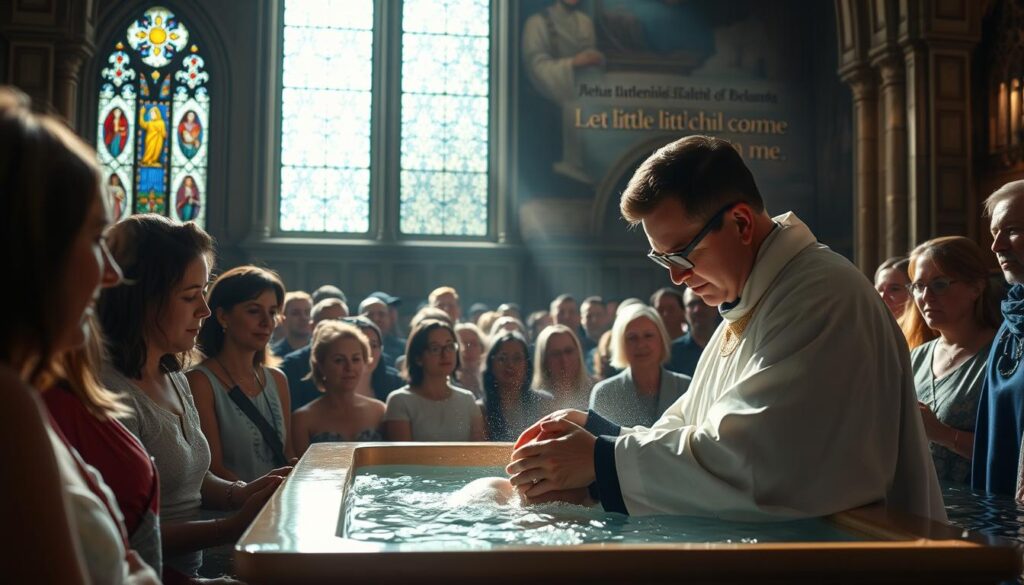 A serene baptismal scene, illuminated by soft, natural light filtering through stained glass. In the foreground, a minister gently immerses a person in the baptismal font, their face tranquil and reverent. Surrounding them, a congregation of worshippers, their expressions reflecting profound grace and unwavering faith. The middle ground features intricate architectural details, evoking the sacred space of a Lutheran church. In the background, a mural or stained-glass window depicts a biblical promise, such as the words of Jesus, "Let the little children come to me." The overall atmosphere is one of reverence, spiritual transformation, and the enduring hope found in the sacrament of baptism.