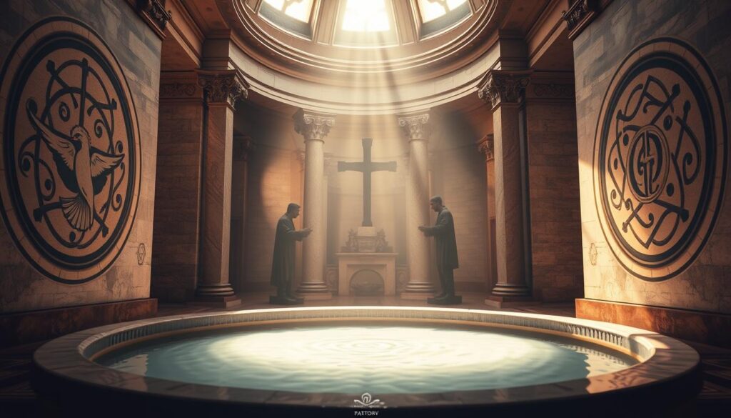 A serene baptistery filled with symbolic elements. In the foreground, a tranquil pool of holy water, its surface reflecting the heavenly light. Surrounding it, intricate religious iconography - a cross, a dove, and swirling patterns evocative of the Holy Spirit. The middle ground features elegant stone columns supporting a domed ceiling, creating an atmosphere of contemplation and reverence. The background is bathed in a warm, diffused glow, casting a spiritual ambiance over the scene. Subtle textures and muted tones imbue the image with a sense of timelessness, inviting the viewer to meditate on the profound meaning of Catholic baptism.