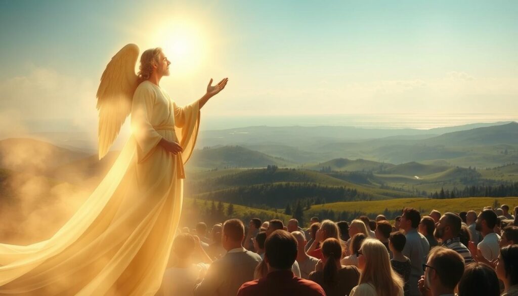 A serene, biblical scene depicting the concept of "yasha" (salvation). In the foreground, a radiant, angelic figure emerges from a halo of celestial light, extending a hand of divine redemption. The middle ground features a crowd of people in reverent postures, their faces uplifted with a sense of awe and gratitude. In the background, a lush, verdant landscape with rolling hills and a distant, shimmering horizon symbolizes the promise of eternal life. The lighting is soft and warm, creating an atmosphere of tranquility and spiritual enlightenment. The overall composition conveys the profound, transformative power of salvation as understood in the biblical context.