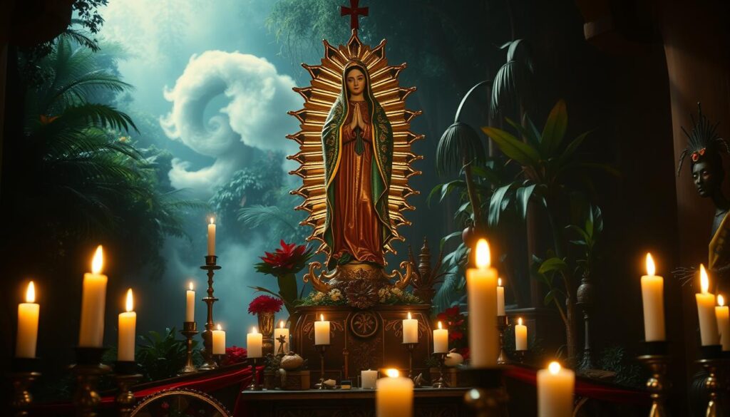 A serene, candlelit sanctuary where the Virgin of Guadalupe, draped in a shimmering, brocade cloak, stands atop a crescent moon, surrounded by a halo of golden rays. In the middle ground, indigenous symbols and offerings adorn an ornate, wooden altar, while the background features a lush, tropical landscape with swirling mists and vibrant flora, blending Catholic and Mesoamerican iconography. The scene is bathed in a warm, soft light, creating an atmosphere of reverence and cultural syncretism.