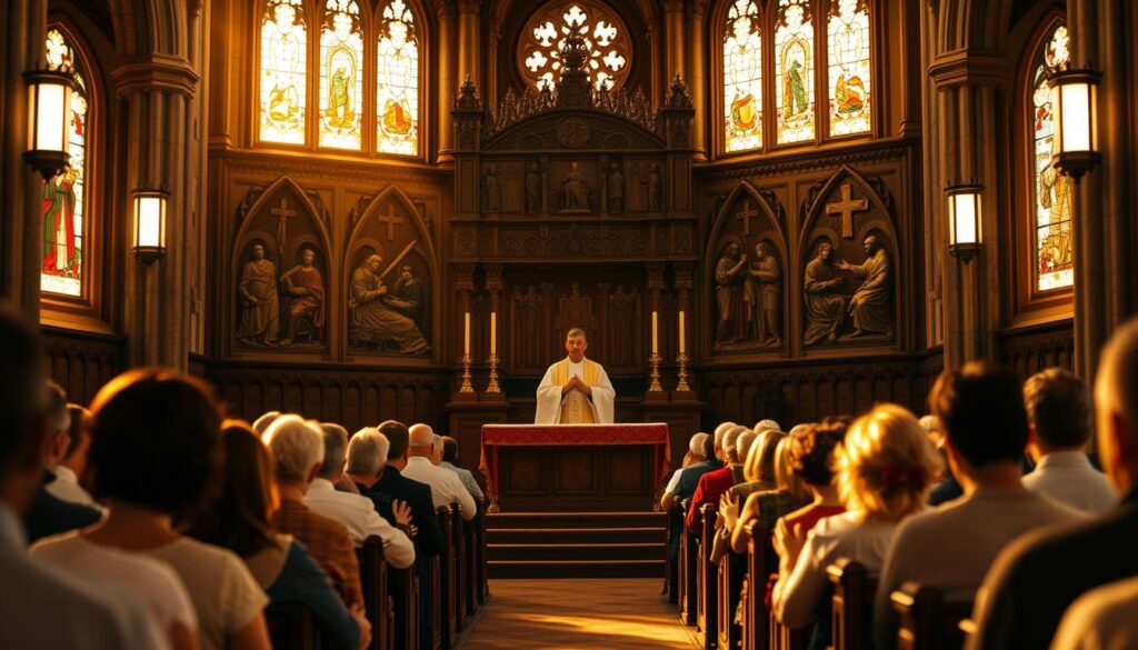 A serene cathedral interior, bathed in warm, golden light filtering through stained-glass windows. In the foreground, an ornate, carved wooden altar adorned with sacramental elements - a chalice, paten, and candlesticks. Congregants kneel in pews, hands clasped in reverent prayer, as a pastor in liturgical robes presides over the solemn Eucharistic celebration. Intricate wall-mounted carvings and tapestries depict biblical scenes, creating an atmosphere of contemplative, transcendent worship. The space exudes a sense of timeless tradition and the mysteries of the Lutheran faith.