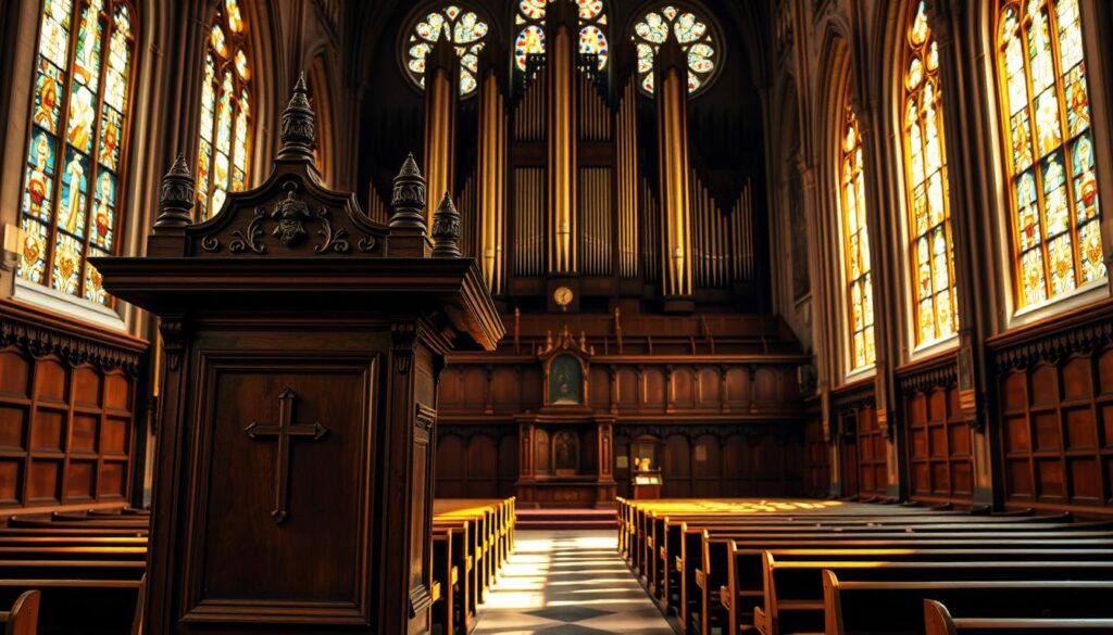 A serene cathedral interior, bathed in warm, golden light filtering through stained glass windows. In the foreground, an ornate wooden pulpit stands, a testament to the solemnity of Lutheran worship. Intricate carvings and symbolic motifs adorn the structure, reflecting the rich tradition of confessional Lutheran doctrine. In the middle ground, rows of pews create a sense of reverence and contemplation, inviting the viewer to meditate on the tenets of this Christian denomination. The background features a massive pipe organ, its pipes reaching towards the vaulted ceiling, symbolizing the importance of music and liturgy in the Lutheran faith. The overall atmosphere conveys a profound sense of history, devotion, and the timeless principles that define confessional Lutheranism.